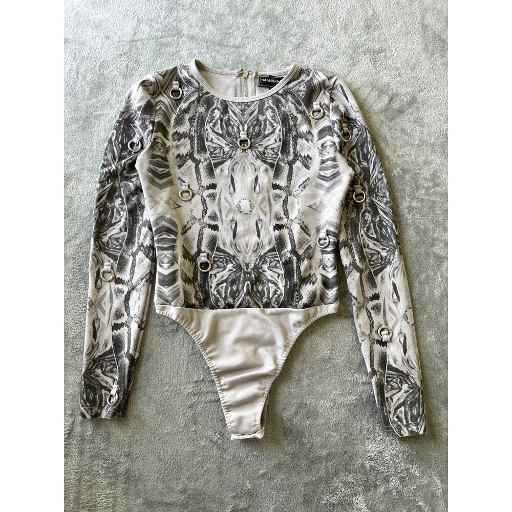 Maniere De Voir Gray Bodysuit 12 Long Sleeve Grunge Whimsigoth‎ Hardware Rings